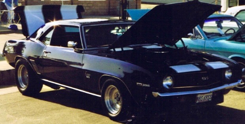 Blue 1969 Chevrolet Camaro with white stripes at the 1998 Route 66 Rendezvous